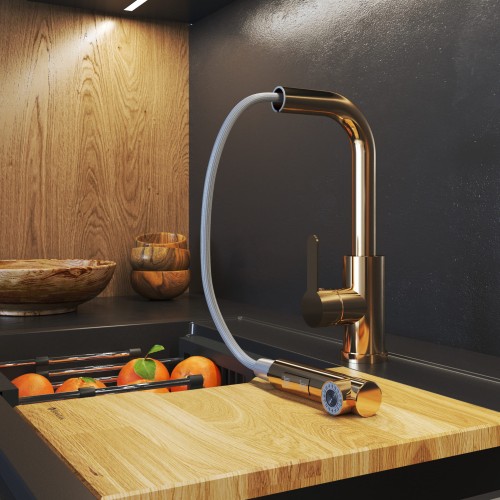 Bateria kuchenna EBRA różowe złoto wyciągana wylewka 2 rodzaje strumienia