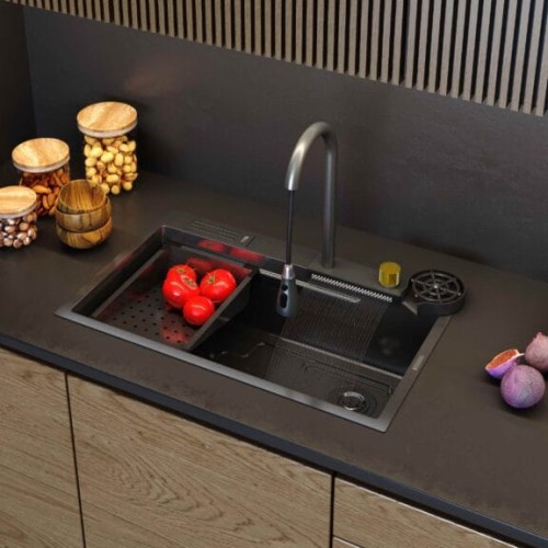 Zlewozmywak stalowy z baterią, koszykiem i myjką czarny ISEL