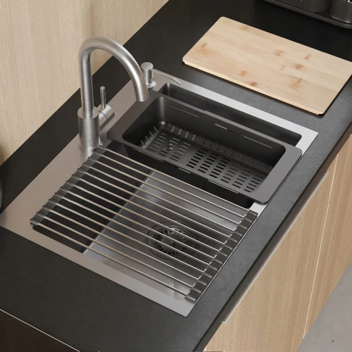 Zestaw: zlew stalowy Aspe58 chrom + dozownik + koszyk + mata + deska + syfon