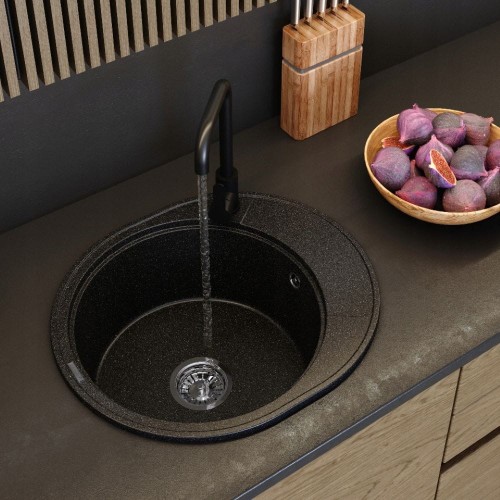 Zlewozmywak granitowy okrągły kuchenny jednokomorowy ociekacz Ramis  czarny metalik
