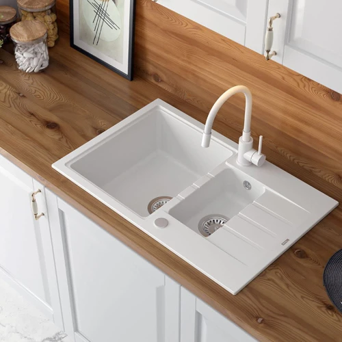 Quadron Peter 156 GraniteQ zlewozmywak granitowy snow white 1,5-komorowy z/o z syfonem i zaślepką
