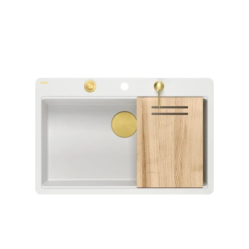 Quadron Marc 110 FM PRODUKT NA ZAMÓWIENIE | granitowy zlewozmywak kuchenny BIAŁY + ZŁOTO PVD |  akcesoria: syfon, dozownik, deska | 1-komorowy na równi w blatem
