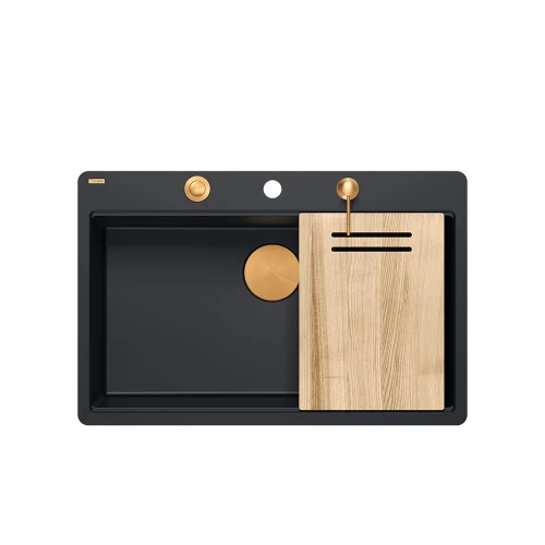 Quadron Marc 110 FM PRODUKT NA ZAMÓWIENIE | granitowy zlewozmywak kuchenny CZARNY mat + MIEDŹ PVD | akcesoria: syfon, dozownik, deska | 1-komorowy na równi w blatem 