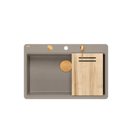 Quadron Marc 110 FM PRODUKT NA ZAMÓWIENIE | granitowy zlewozmywak kuchenny SZAROBEŻOWY + MIEDŹ PVD | akcesoria: syfon, dozownik, deska | 1-komorowy na równi w blatem 