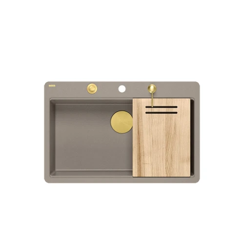 Quadron Marc 110 FM PRODUKT NA ZAMÓWIENIE | granitowy zlewozmywak kuchenny SZAROBEŻOWY + ZŁOTO PVD | akcesoria: syfon, dozownik, deska | 1-komorowy na równi w blatem