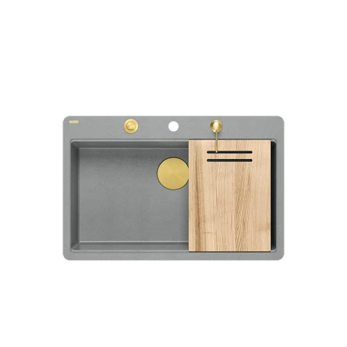 Quadron Marc 110 FM PRODUKT NA ZAMÓWIENIE | granitowy zlewozmywak kuchenny SZARY + ZŁOTO PVD | akcesoria: syfon, dozownik, deska | 1-komorowy na równi w blatem