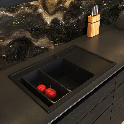 Pyramis zlew granitowy Camea lewy Black Edition + Bateria Flexos