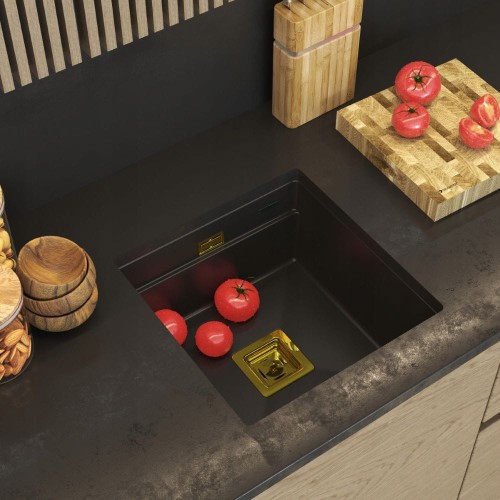 Zlewozmywak podwieszany granitowy czarny - syfon kwadratowy złoty - Epir 44