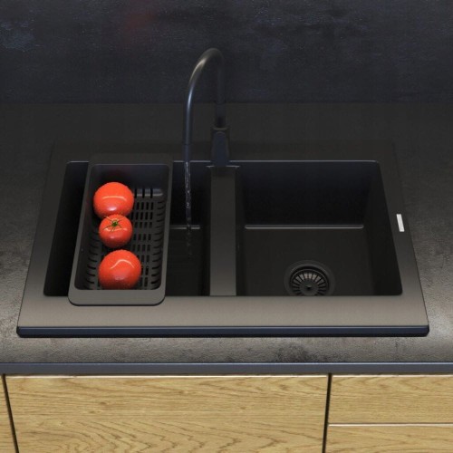 Zestaw - Zlewozmywak kuchenny granitowy czarny Verso - bateria - koszyk - syfon