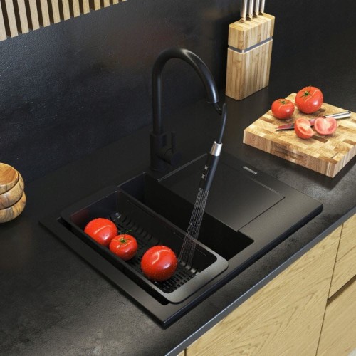 Zestaw - zlew granitowy czarny Bello - bateria Loseto - syfon - ociekarka