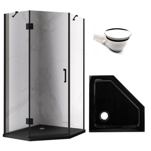 Zestaw - kabina prysznicowa pięciokątna 100x100 cm - brodzik - syfon