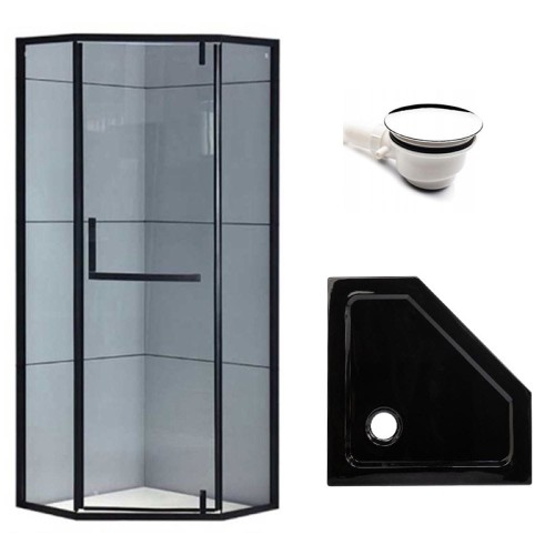 Zestaw - kabina prysznicowa pięciokątna 80x80 cm - brodzik - syfon