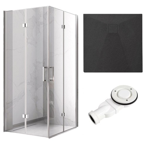 Zestaw - kabina prysznicowa kwadratowa 90x90 cm - brodzik - syfon