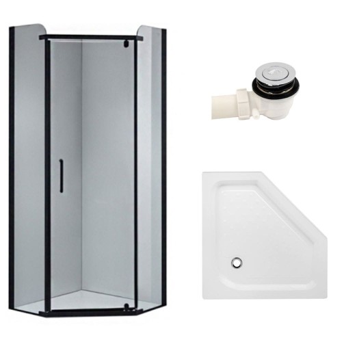 Zestaw - kabina prysznicowa pięciokątna 80x80 cm - brodzik - syfon klik klak