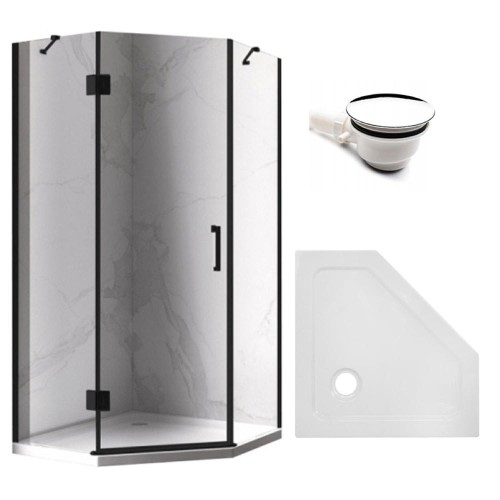 Zestaw - kabina prysznicowa pięciokątna 80x80 cm - brodzik - syfon