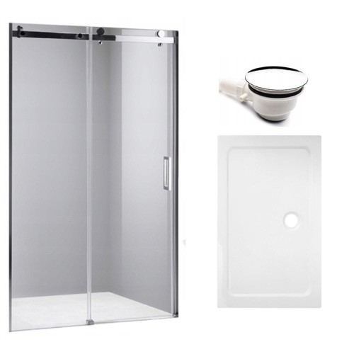 Zestaw - drzwi prysznicowe chrom 115-120 cm 8 mm - brodzik 120x80 cm - syfon