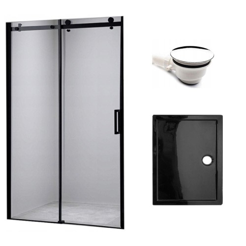 Zestaw - drzwi prysznicowe czarne 95-100 cm 8 mm - brodzik 100x90 cm - syfon