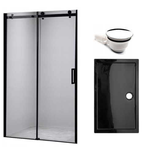 Zestaw - drzwi prysznicowe czarne 105-110 cm 8 mm - brodzik 110x80 cm - syfon