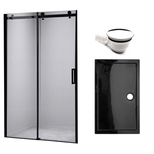 Zestaw - drzwi prysznicowe czarne 95-100 cm 8 mm - brodzik 100x80 cm - syfon