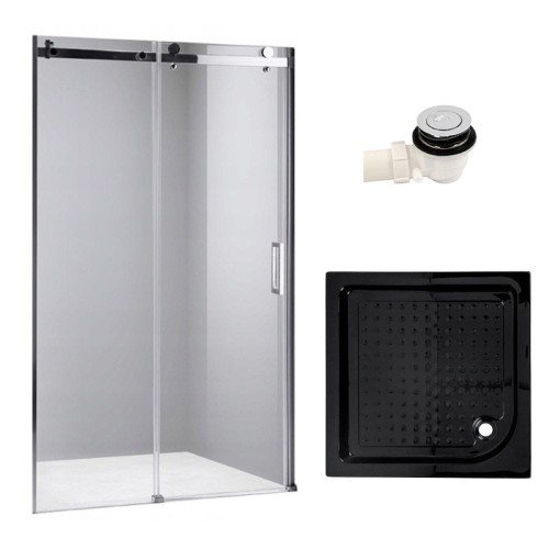 Zestaw - drzwi prysznicowe chrom 95-100 cm 8 mm - brodzik 100x100 cm - syfon klik klak