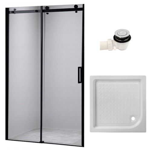Zestaw - drzwi prysznicowe czarne 95-100 cm 8 mm - brodzik 100x100 cm - syfon klik klak