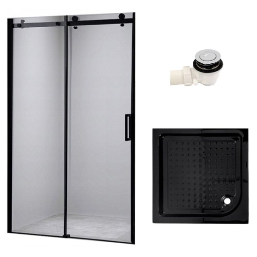 Zestaw - drzwi prysznicowe czarne 95-100 cm 8 mm - brodzik 100x100 cm - syfon klik klak 