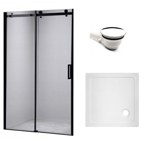 Zestaw - drzwi prysznicowe czarne 115-120 cm 8 mm - brodzik 120x100 cm - syfon