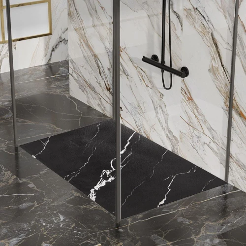 Brodzik prysznicowy kamienny prostokątny slim Riko czarny marmur 90 x 80 cm