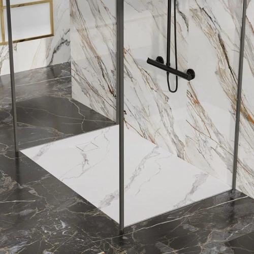Brodzik prysznicowy kamienny prostokątny slim Riko biały wzór marmur 120 x 90 cm 