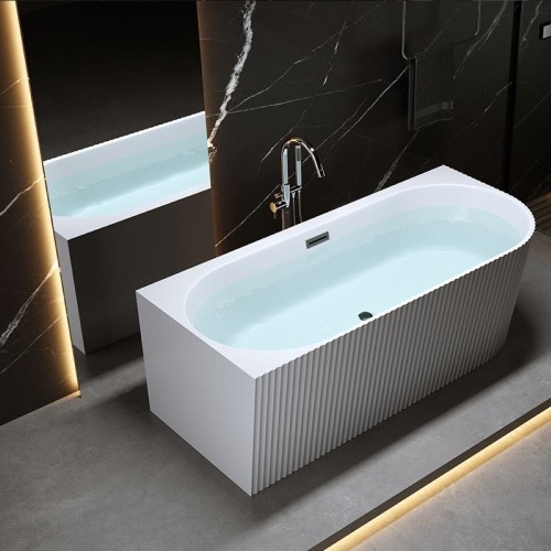 Wanna wolnostojąca przyścienna ryflowana Rio 504A lewa biała 140 x 75 cm przelew czarny