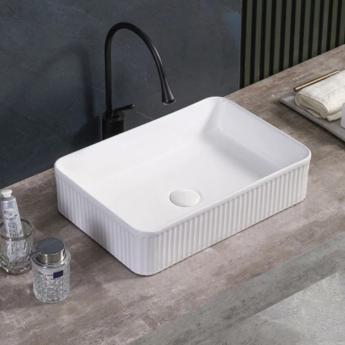 Umywalka nablatowa ceramiczna prostokątna ryflowana Aura-WH-500 biała