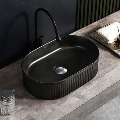 Umywalka nablatowa ceramiczna owalna ryflowana Elix-MTB-490 czarny mat