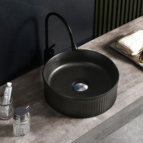 Umywalka nablatowa ceramiczna okrągła ryflowana Lava-MTB-RF-370 czarny mat