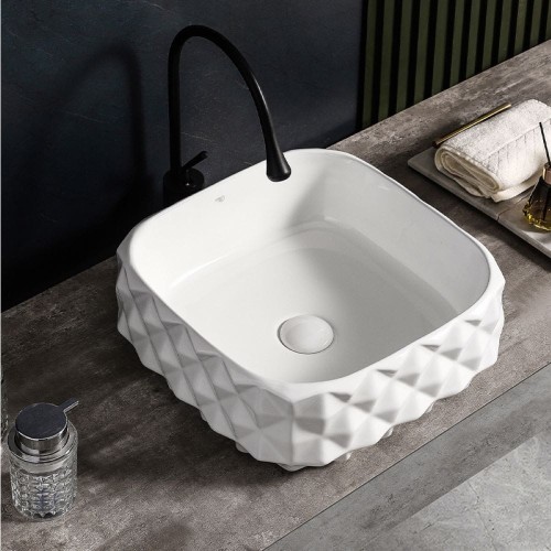 Umywalka nablatowa ceramiczna kwadratowa Pearl-WH-400 biała struktura