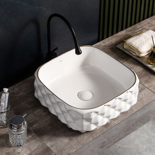 Umywalka nablatowa ceramiczna kwadratowa Pearl-WH-GL-400 biała struktura