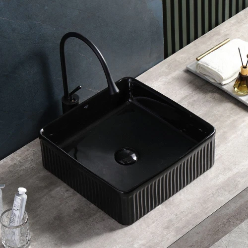 Umywalka nablatowa ceramiczna kwadratowa ryflowana Aura-BL-375 czarna