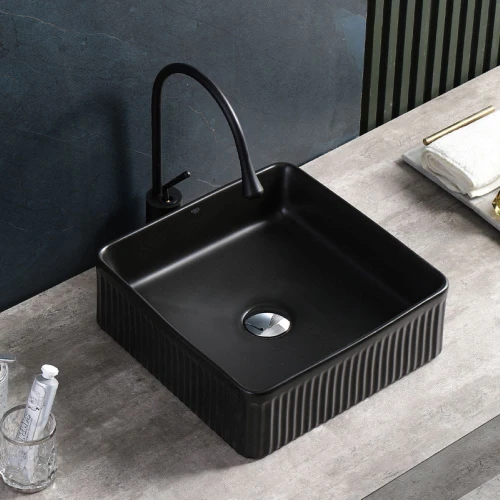 Umywalka nablatowa ceramiczna kwadratowa ryflowana Aura-MTB-375 czarny mat