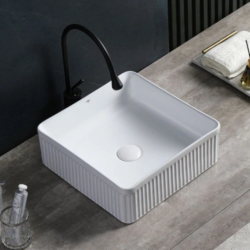 Umywalka nablatowa ceramiczna kwadratowa ryflowana Aura-WH-375 biała