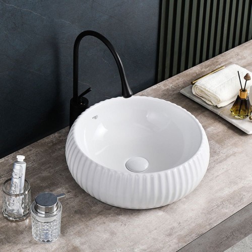 Umywalka nablatowa ceramiczna okrągła ryflowana Naomi-WH-400 biała