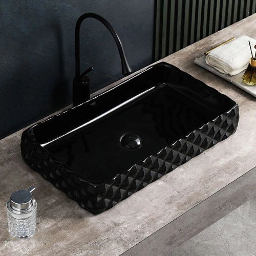 Umywalka nablatowa ceramiczna prostokątna Pearl-BL-605 czarna struktura