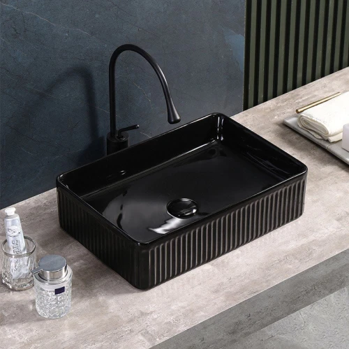 Umywalka nablatowa ceramiczna prostokątna ryflowana Aura-BL-500 czarna