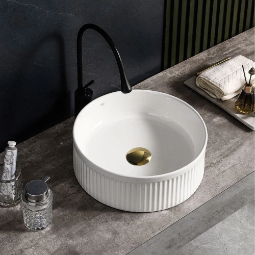 Umywalka nablatowa ceramiczna okrągła ryflowana Lava-WH-RF-370 biała