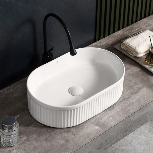 Umywalka nablatowa ceramiczna owalna ryflowana Elix-WH-490 biała