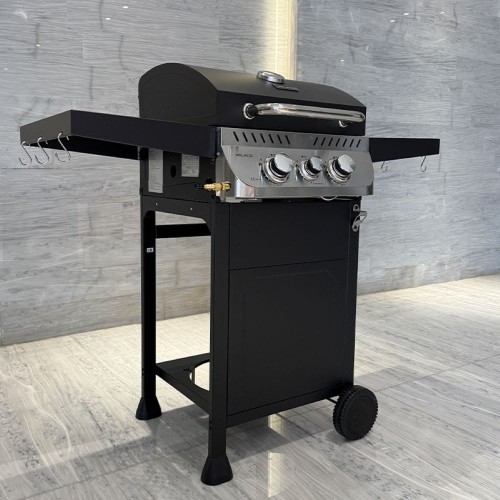 Grill ogrodowy gazowy z pokrywą i półkami APOLLO-A czarny ruszt żeliwny 8,5 KW + pokrowiec