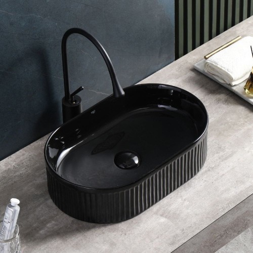 Umywalka nablatowa ceramiczna ryflowana owalna ELIX-BL-490 czarny połysk