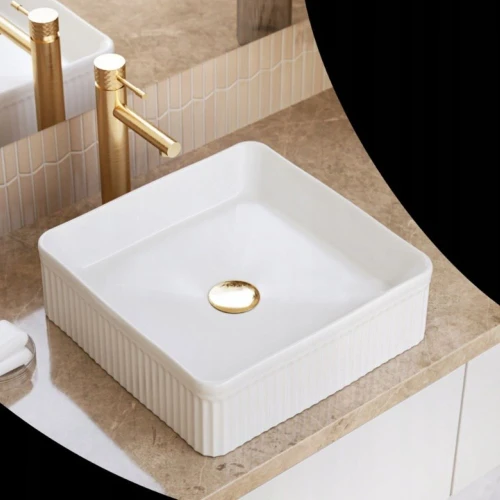 Umywalka nablatowa ceramiczna zlew Viora biała ryflowana kwadratowa 40,5 cm