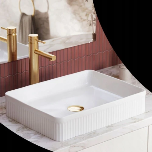 Umywalka nablatowa ceramiczna zlew Andrea biała ryflowana prostokątna