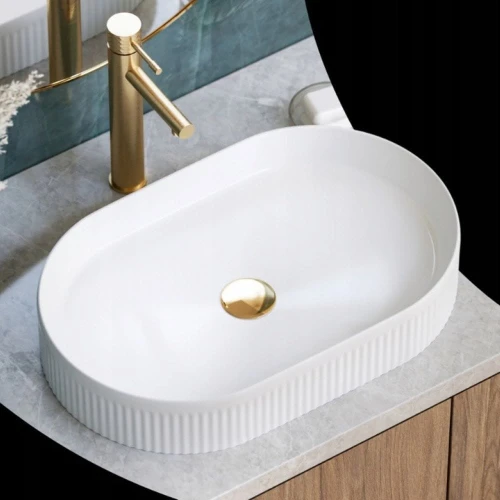 Umywalka nablatowa ceramiczna zlew Nora biała ryflowana owalna premium