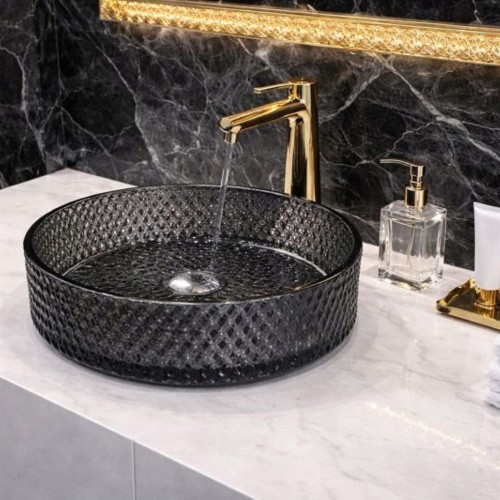 Umywalka nablatowa szklana okrągła frezowana CRYSTAL-BL czarny połysk 36x12