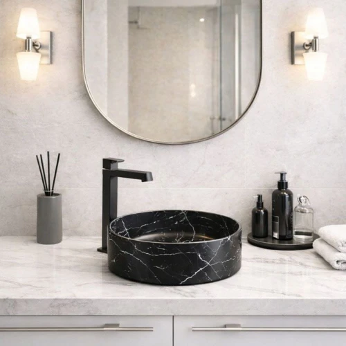 Umywalka Nablatowa Ceramiczna Okrągła Anti-Wipe MARLA-BLM Czarny Mat Marmur